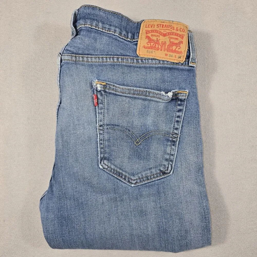 Levi's Men 34x34 Blue Jeans 514 Straight Fit Distressed Denim